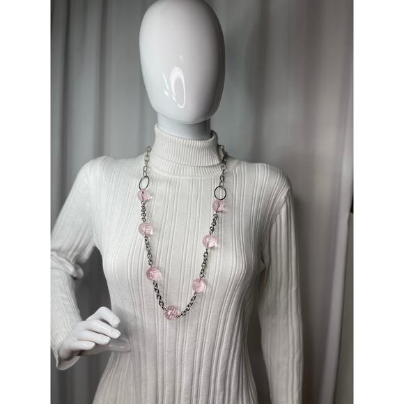 silver tone chunky chain link necklace with faceted pink resin beads jewelry - Picture 1 of 16